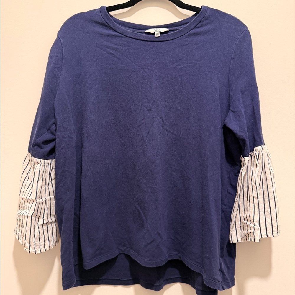 Crown & Ivy Navy Top with Striped Sleeves